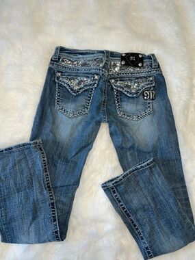 Miss Me Blue Boot Cut Jeans with Sequin Pocket Trim